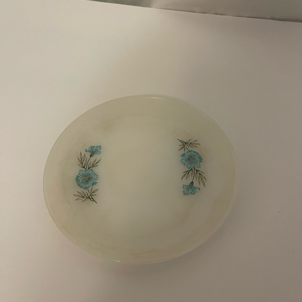 Fire king Floral Design Milk Glass Plate Blue Daisy Vintage